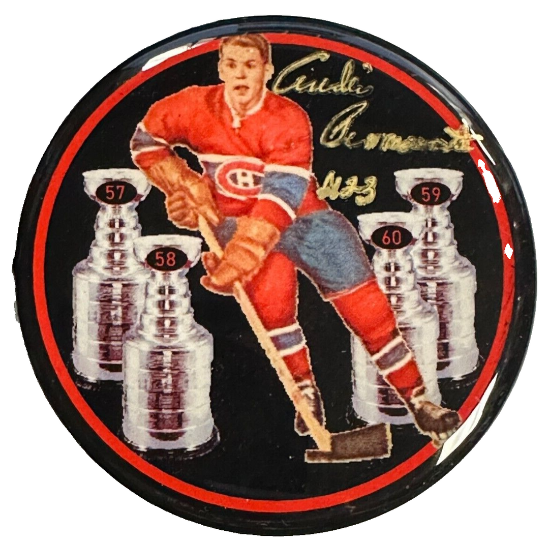 Andre Pronovost Autographed Montreal Canadiens Photo Puck W/ 4 Stanley Cup
