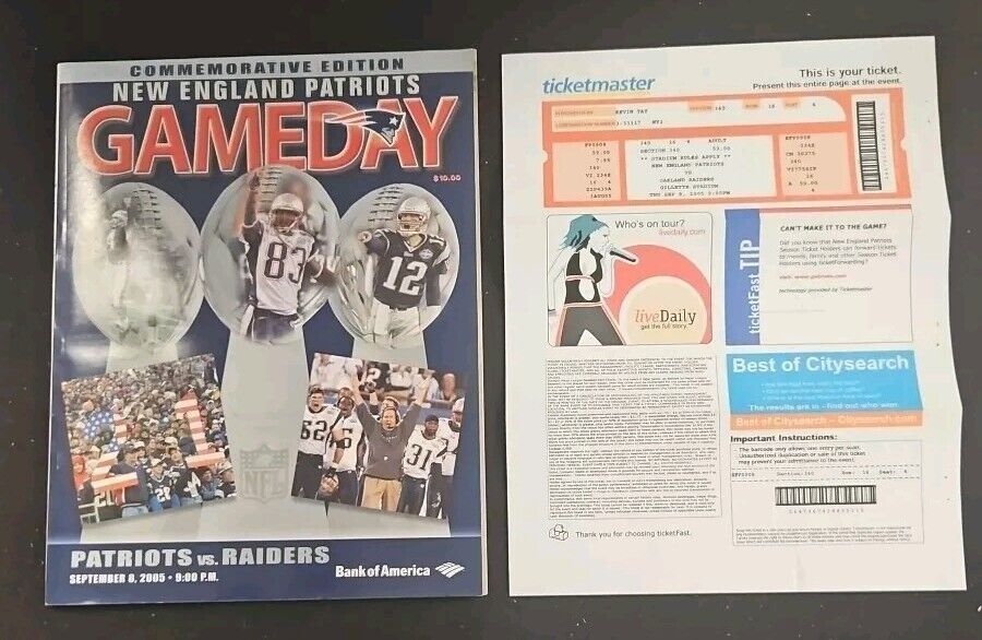 9/8/05 Patriots vs. Raiders Program & Ticket Superbowl Banner Ceremony