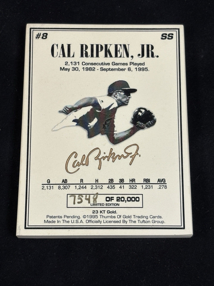 Ironman Cal Ripken Jr 23 K Gold Ceramic Thumb Press Print Card /20,000 Orioles