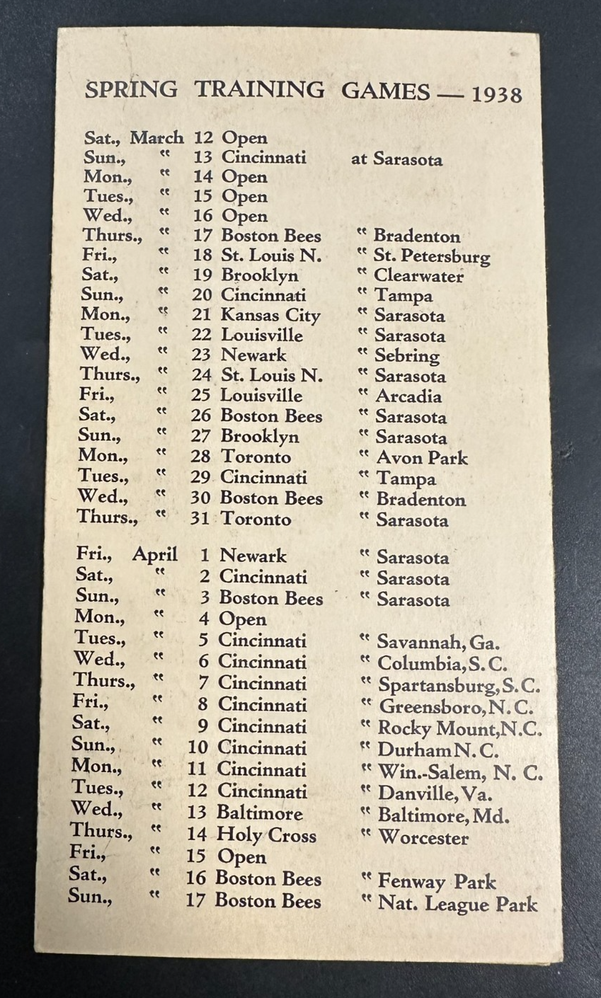 Vintage 1938 Boston Red Sox Spring Training Roster & Schedule Ted Williams