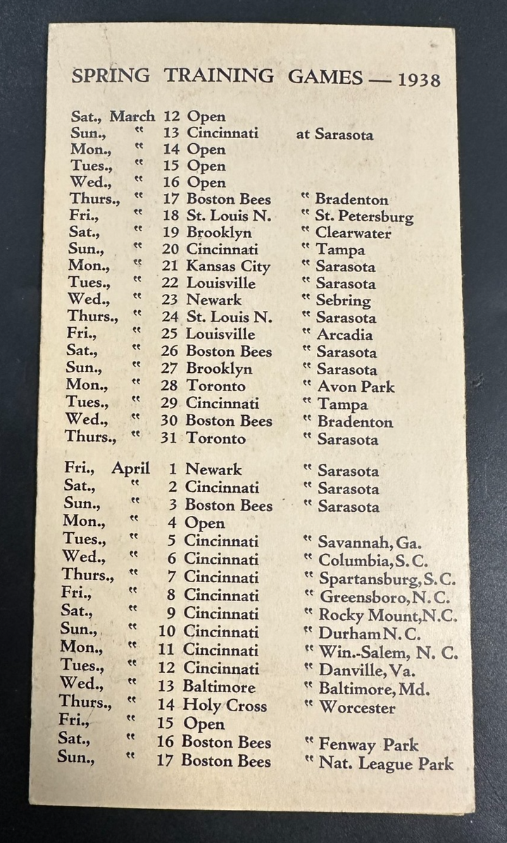 Vintage 1938 Boston Red Sox Spring Training Roster & Schedule Ted Williams