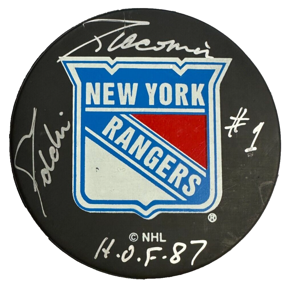 Ed Giacomin Autographed New York Rangers Hockey Puck W/ HOF 87 BAS