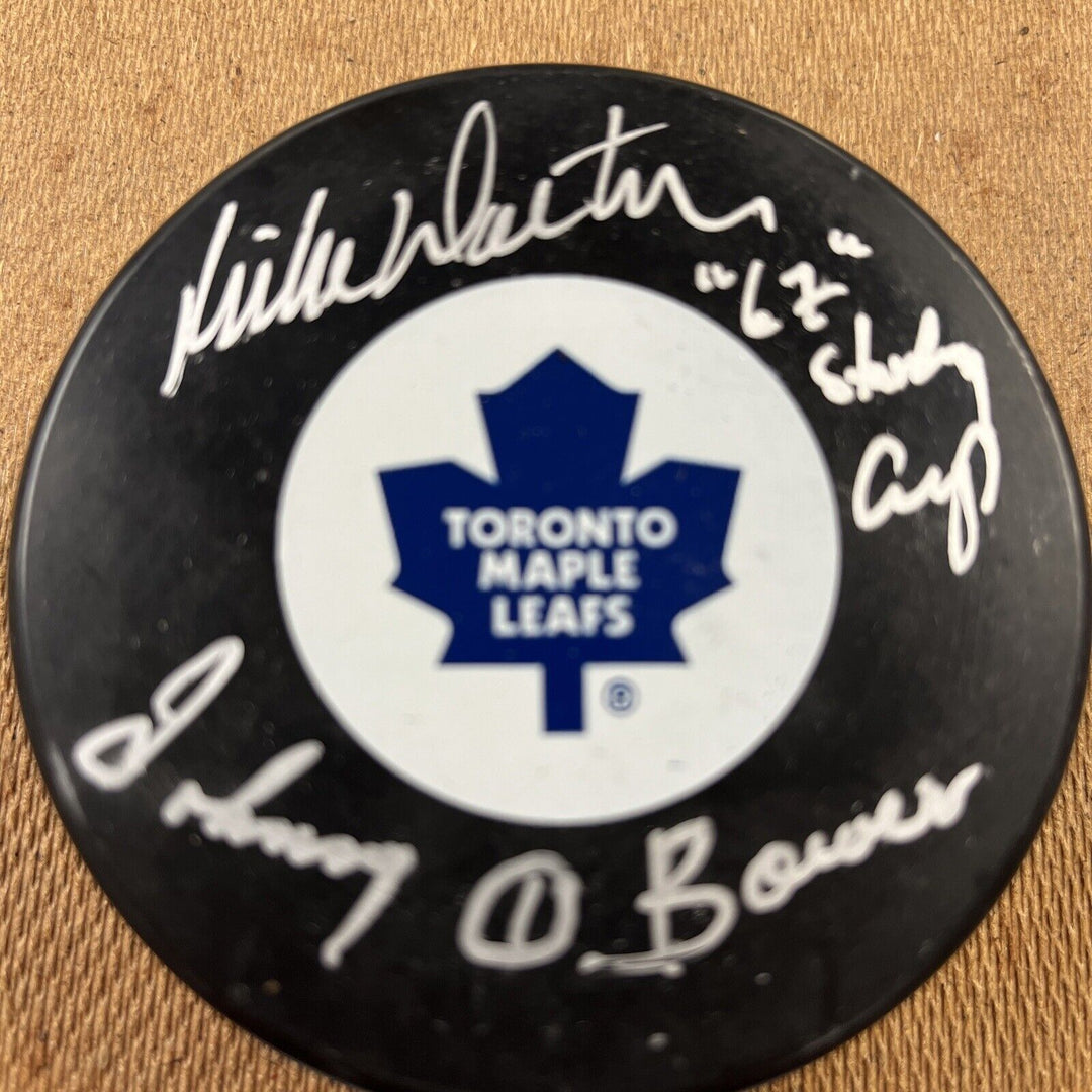 Mike Walton and Johnny Bower signed Puck 67 Stanley Cup inscribed Beckett COA