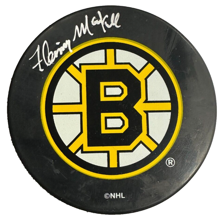 Fleming Mackell Autographed Boston Bruins Hockey Puck NHL