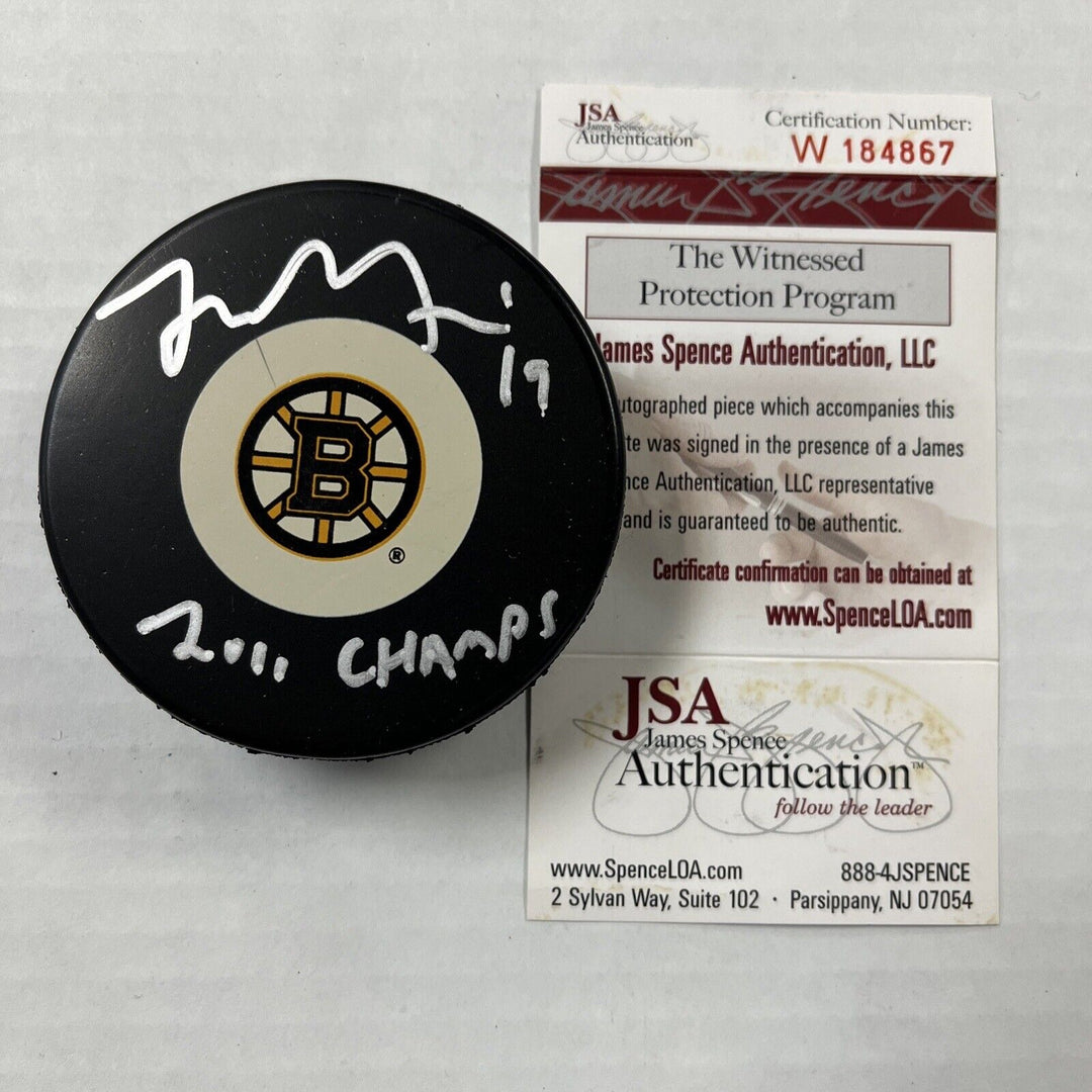 Tyler Seguin 2011 Champs Inscribed Signed Puck Autographed Boston Bruins JSA COA