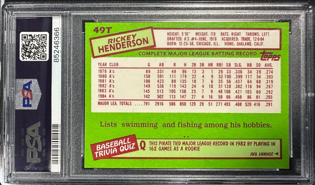 1985 Topps Traded Rickey Henderson Card #49T PSA 9 Mint