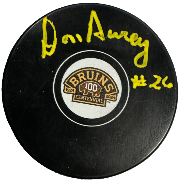 Don Awrey Autographed Boston Bruins 100th Anniversary Hockey Puck NHL