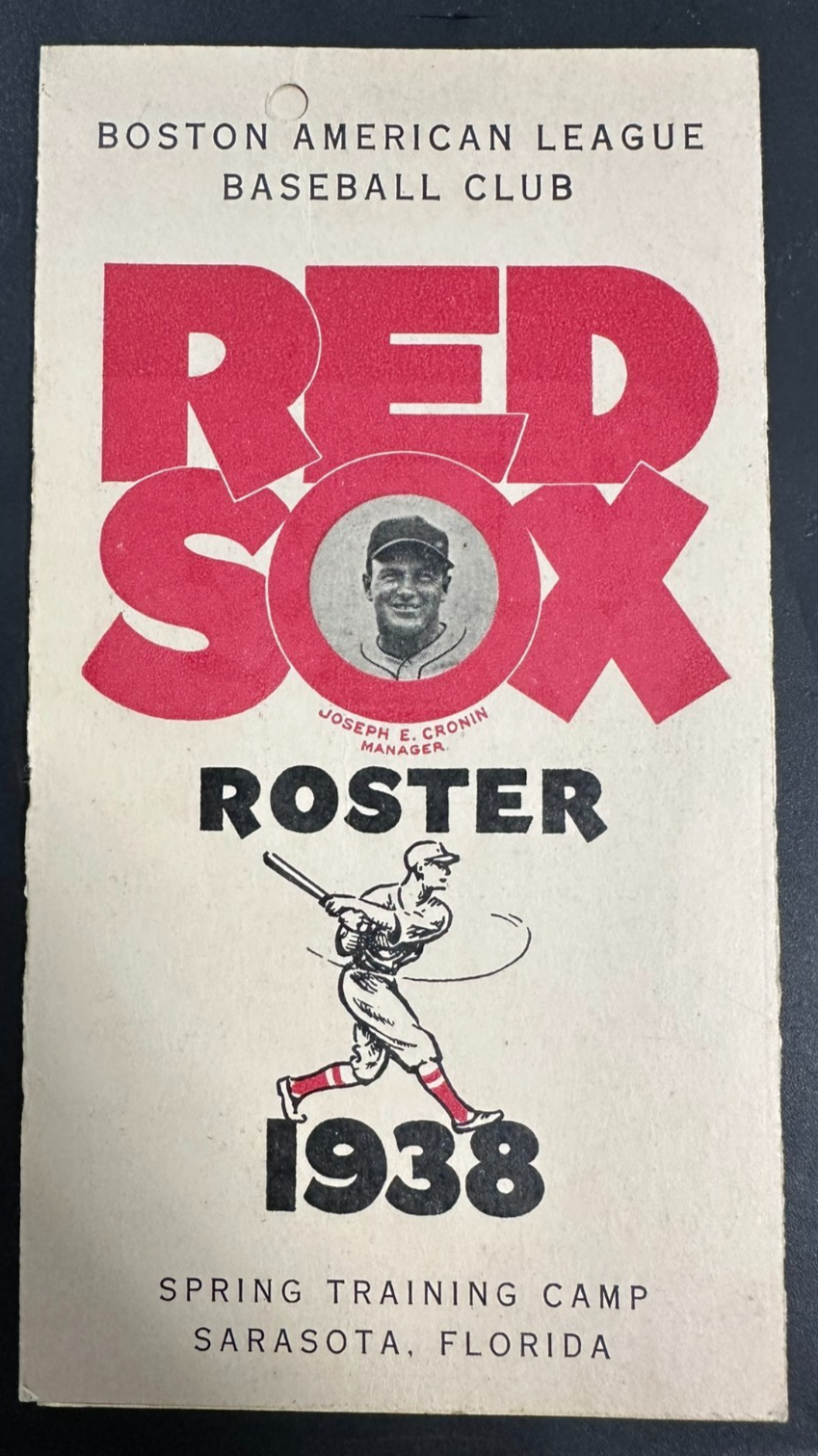 Vintage 1938 Boston Red Sox Spring Training Roster & Schedule Ted Williams