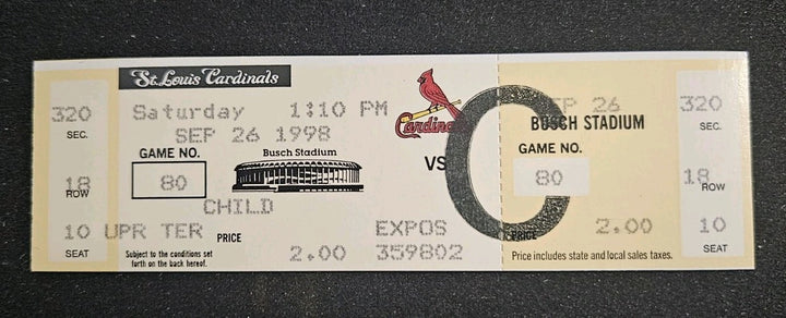 9/26/98 Cardinals vs. Expos Full Ticket Mark McGwire Home Run #67 & 68