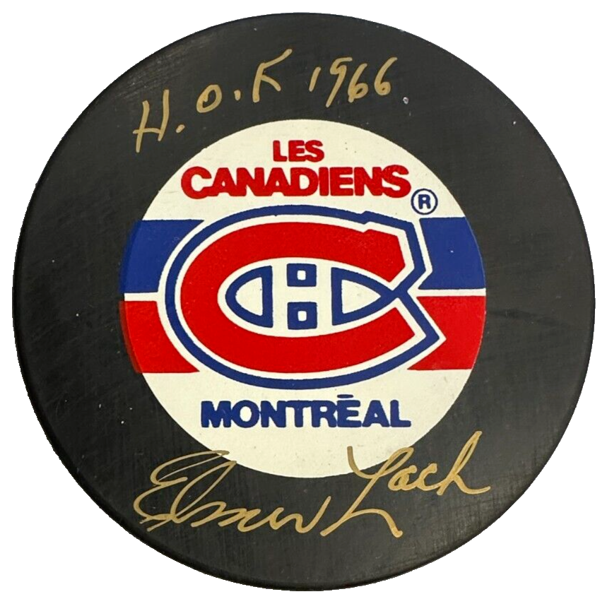 Elmer Lach Autographed Montreal Canadiens Hockey Puck W/ HOF 66
