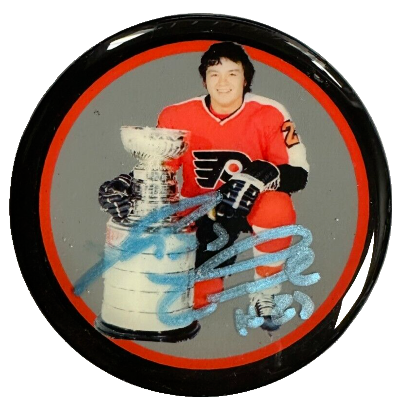 Reg Leach Autographed Philadelphia Flyers Photo Puck W/ Stanley Cup