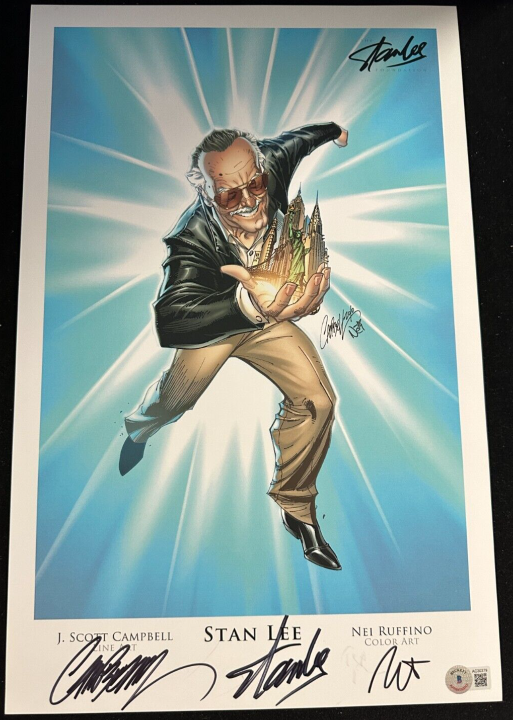 Stan Lee, J. Scott Campbell & Nei Ruffino Autographed 11x17 Print BAS