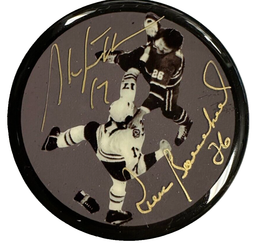 Stan Jonathan & Pierre Bouchard Signed Fight Photo Puck BAS Bruins & Canadiens