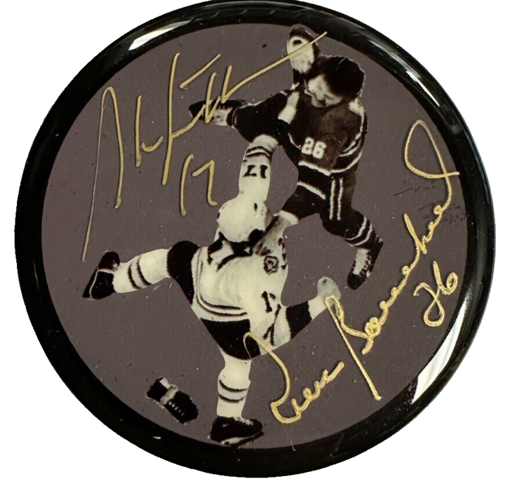 Stan Jonathan & Pierre Bouchard Signed Fight Photo Puck BAS Bruins & Canadiens