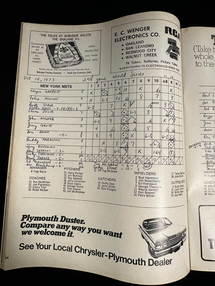 1973 World Series Program New York Mets Vs Oakland A's Game 2 Scored