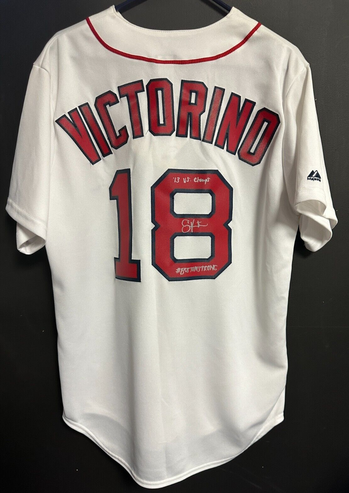 Shane Victorino Signed Boston Red Sox Home Jersey W/ 13 WS Champ & Boston Strong