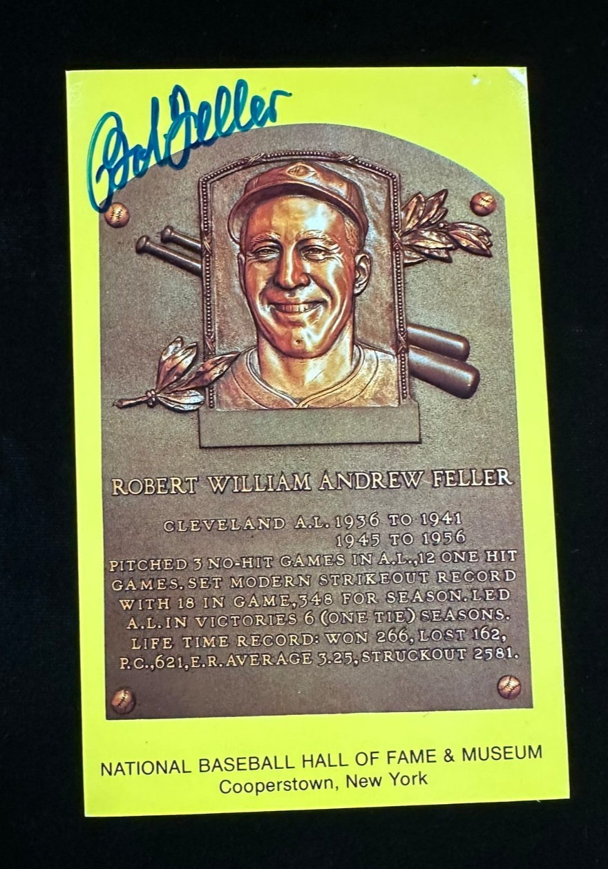 Bob Feller Autographed MLB Hall Of Fame Postcard Cleveland Indians