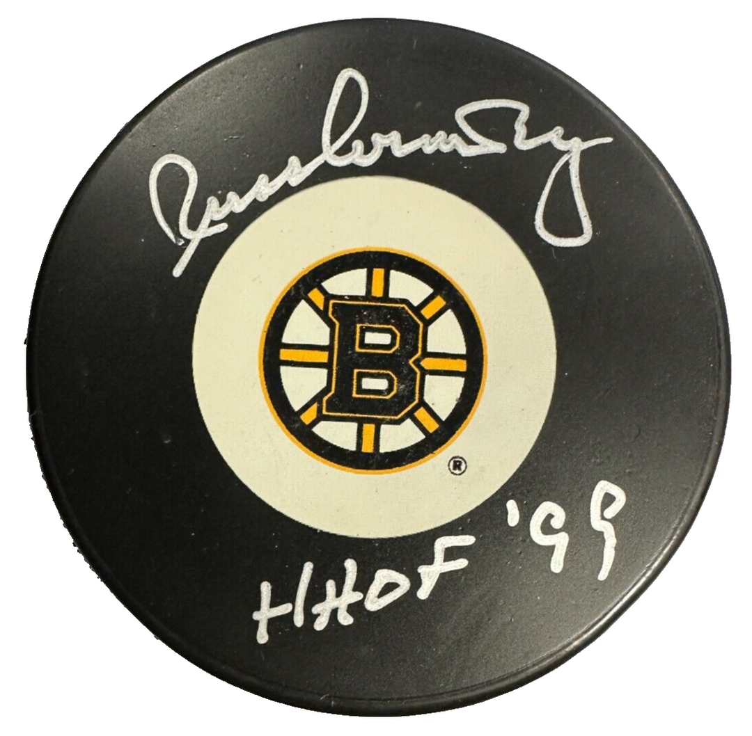 Russ Conway Autographed Boston Bruins Hockey Puck W/ HHOF 99 BAS