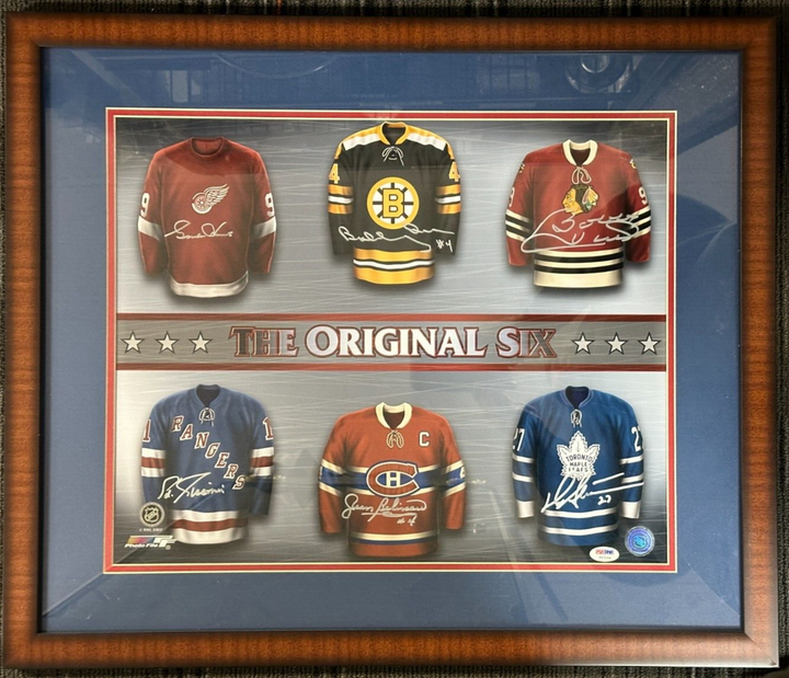 Orr Howe Hull Beliveau Sittler & Giacomin Signed Original Six Jersey Photo PSA