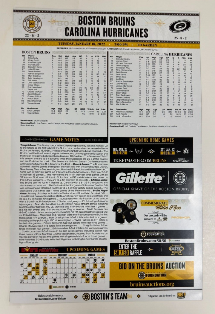 Willie O'Ree Signed Bruins 1/18/2022 Number Retirement Night Line-Up Poster