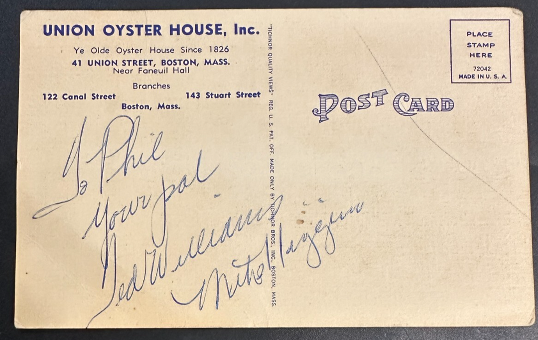 Ted Williams & Mike Higgins Autographed 1960's Union Oyster House Postcard BAS