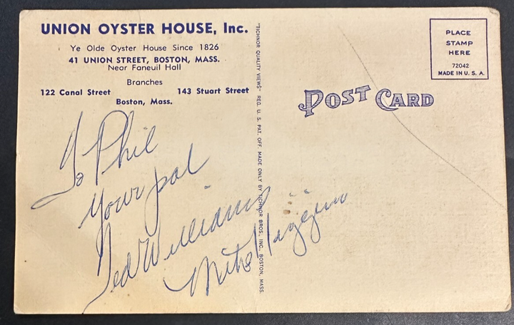 Ted Williams & Mike Higgins Autographed 1960's Union Oyster House Postcard BAS