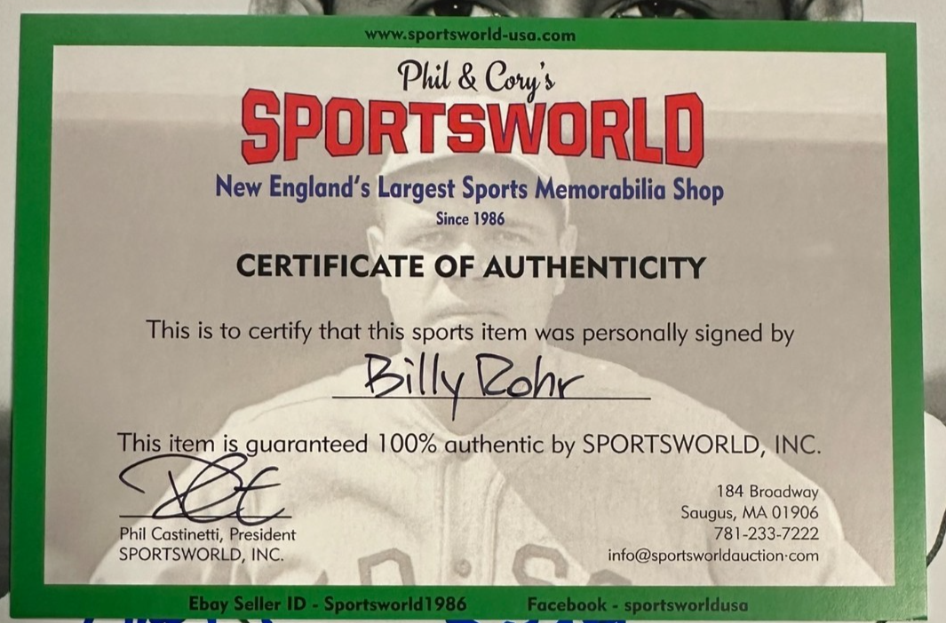 Billy Rohr Autographed Boston Red Sox 8x10 Photo W/ 67 Impossible Dream Insc