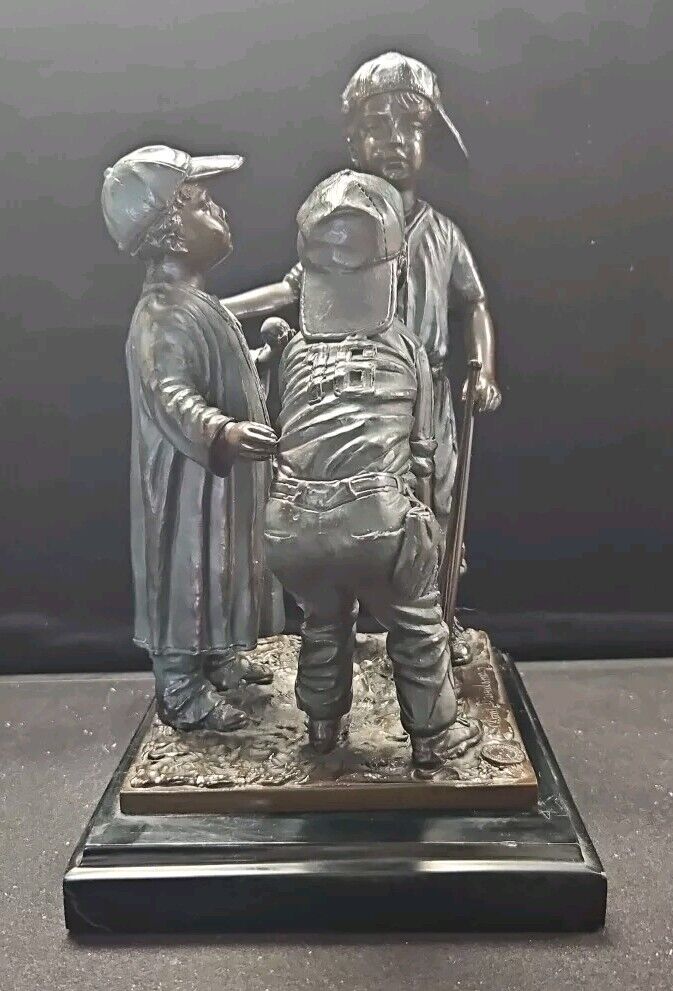 Jim Davidson Bronze On Marble 3 Player Baseball Sculpture With Marble Base RARE