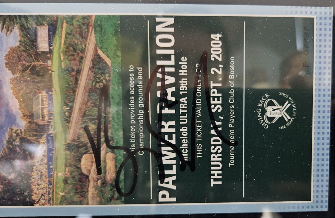 Vijay Singh Signed Framed 2004 Deutsche Bank Ticket And Replica Pin Hole Flag