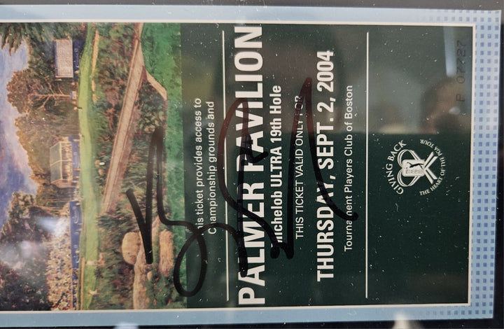 Vijay Singh Signed Framed 2004 Deutsche Bank Ticket And Replica Pin Hole Flag