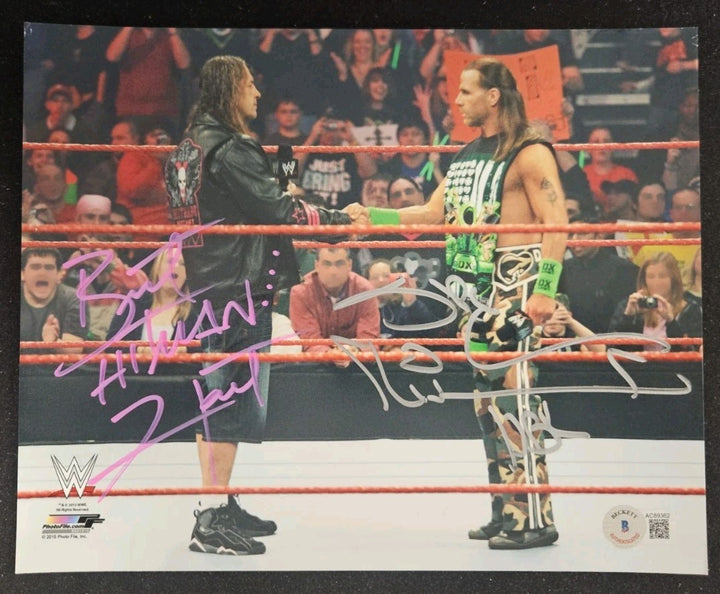 Bret The Hitman Hart & Shawn Michaels Signed Handshake 8x10 Photo BAS