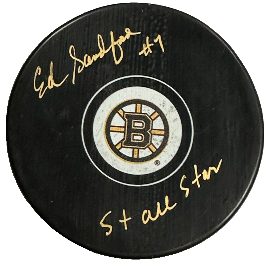 Ed Sanford Autographed Boston Bruins Hockey Puck W/ 5x All-Star BAS