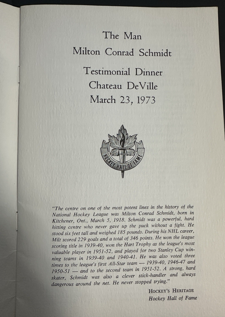 Eddie Shore & Milt Schmidt Signed Milt Schmidt Testimonial Dinner Program BAS