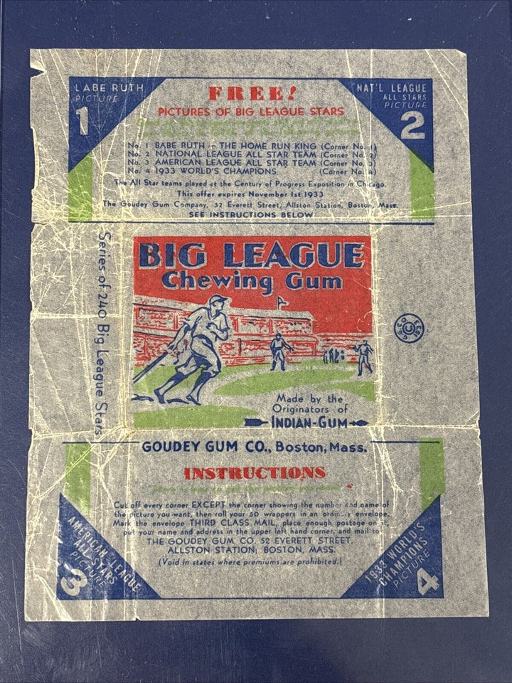 1933 Goudey Gum Co. Big League Chewing Gum Baseball Wrapper Rare