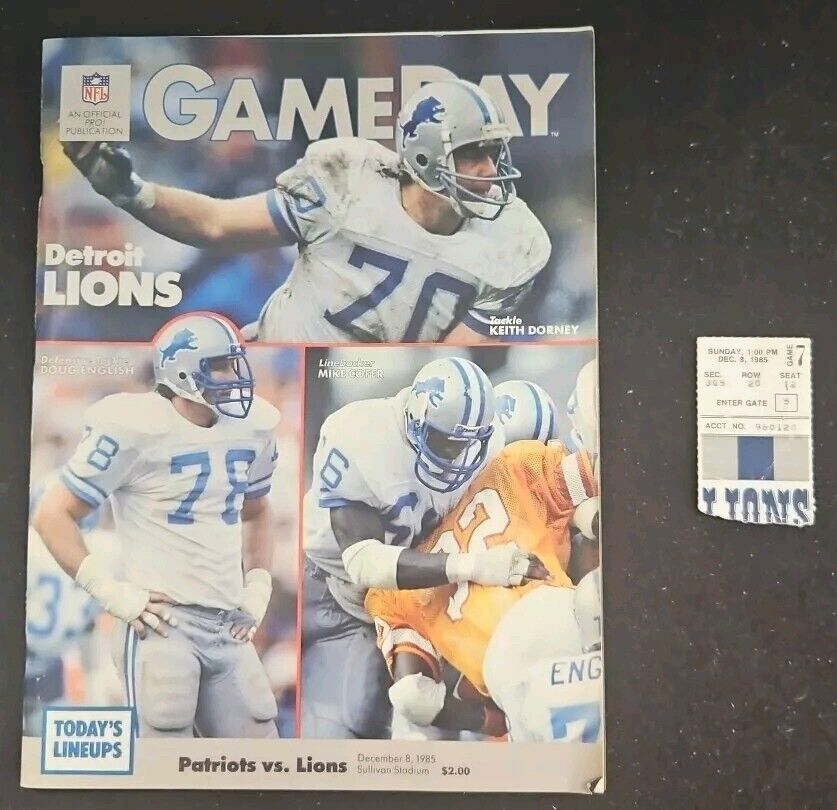 12/8/85 Patriots vs. Lions Program & Ticket Stub Patriots Superbowl Season