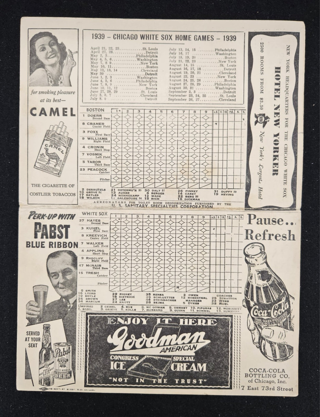 1939 Chicago White Sox Vs. Boston Red Sox Program Ted Williams Rookie Season