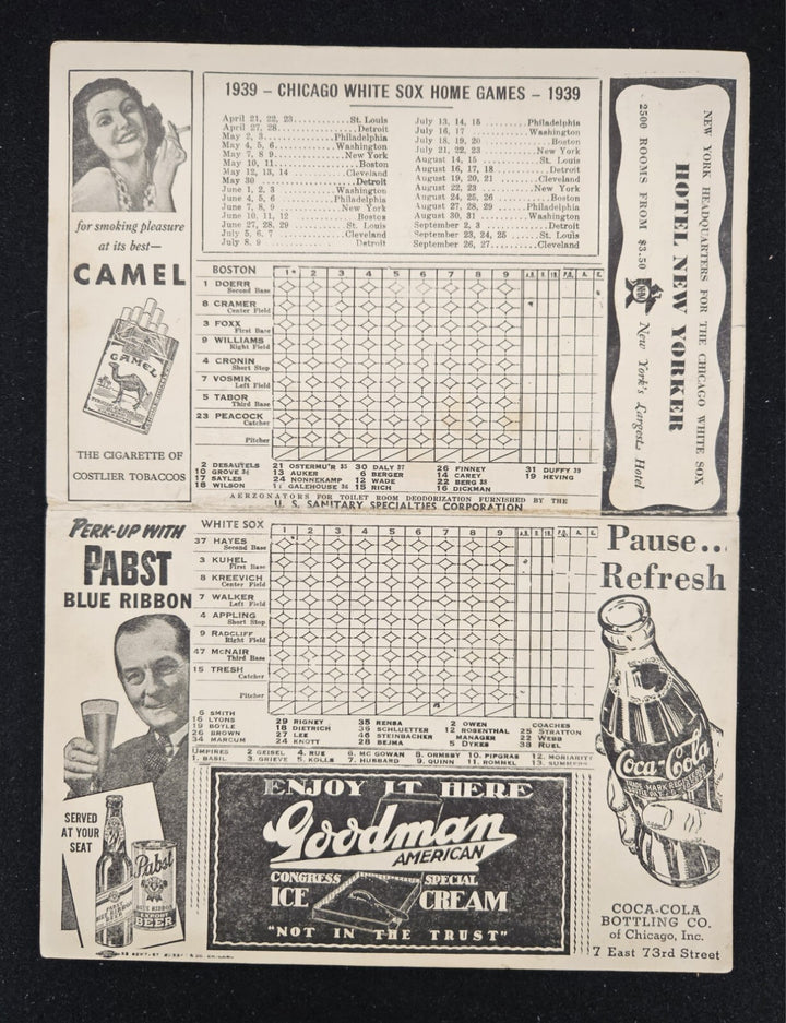 1939 Chicago White Sox Vs. Boston Red Sox Program Ted Williams Rookie Season