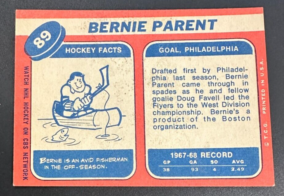 Bernie Parent Autographed 1968-69 Topps Rookie Card #89 W/ HOF 84 Flyers