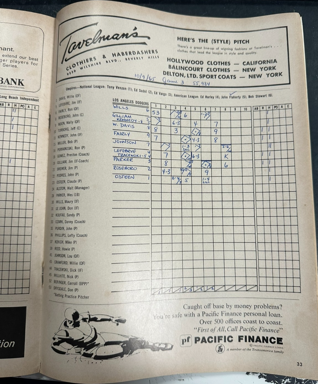 1965 World Series Program Los Angeles Dodgers & Minnesota Twins Game 3 Scored