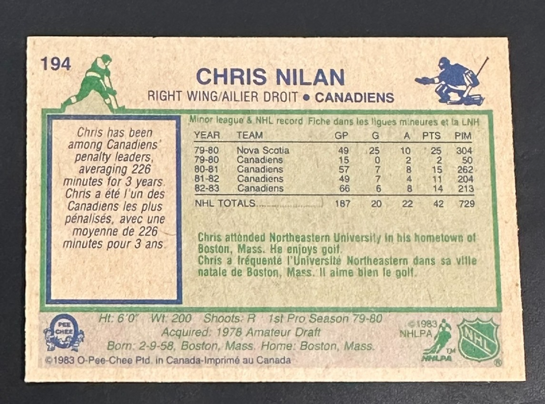1983-84 O-Pee-Chee Chris Nilan Autographed Rookie Card #194 Canadiens