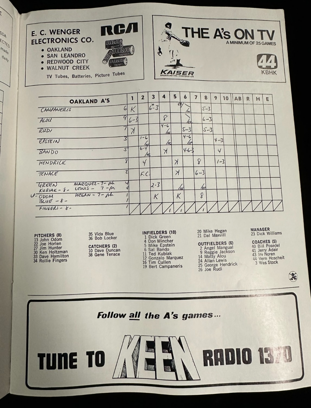 1972 World Series Program Oakland A's & Cincinnati Reds Game 3 Scored
