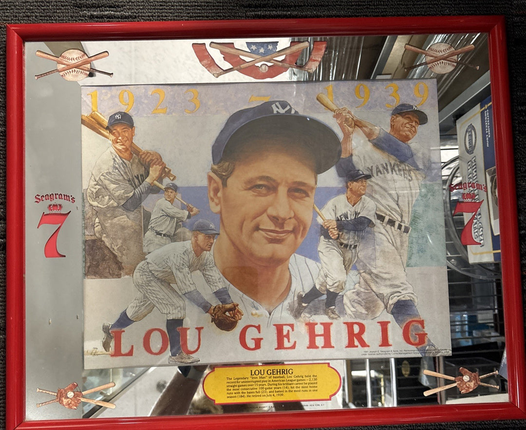 Lou Gehrig HOF NY Yankees Vintage Seagrams 7 Framed Bar Mirror 21x17in