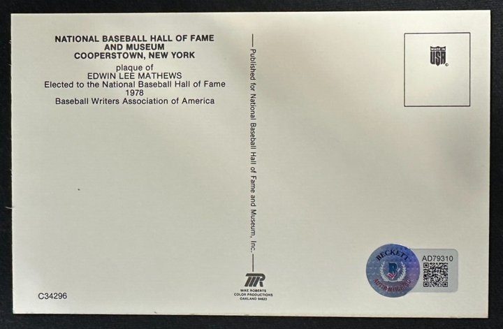 Eddie Mathews Autographed MLB Hall Of Fame Postcard Braves BAS