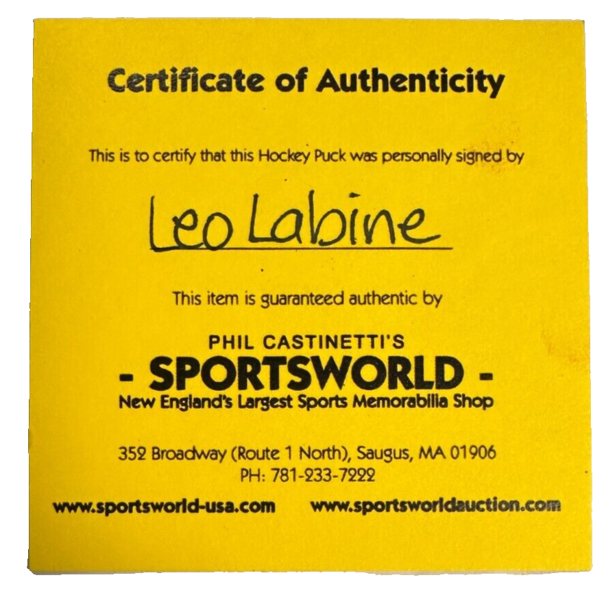 Leo Labine Autographed Puck Autographed Boston Bruins NHL