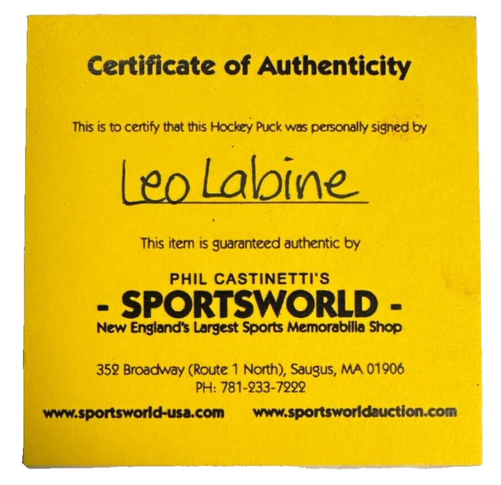 Leo Labine Autographed Puck Autographed Boston Bruins NHL