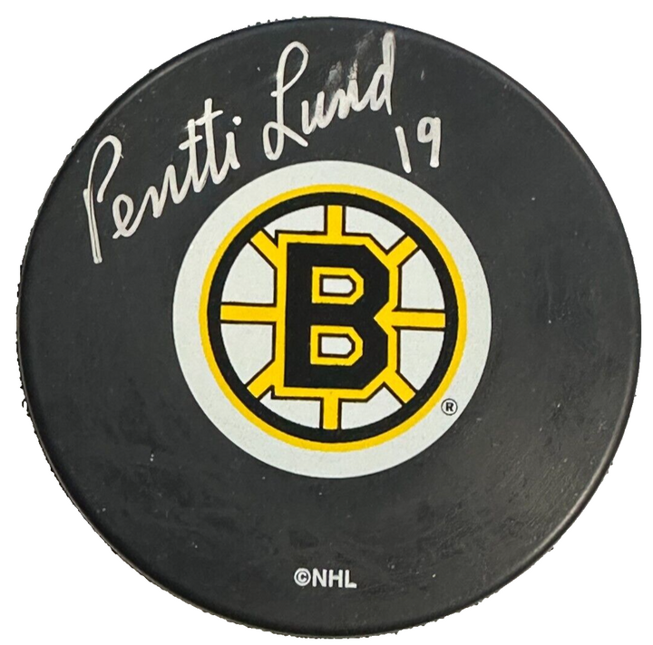 Pentti Lund Autographed Boston Bruins Hockey Puck NHL