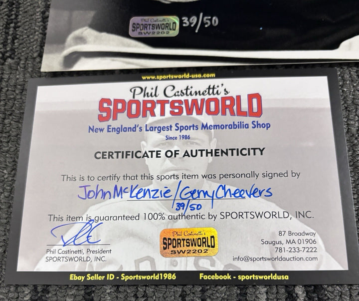 John McKenzie 1st Hat Trick Gerry Cheevers Signed 16x20 Sportsworld COA Bruins