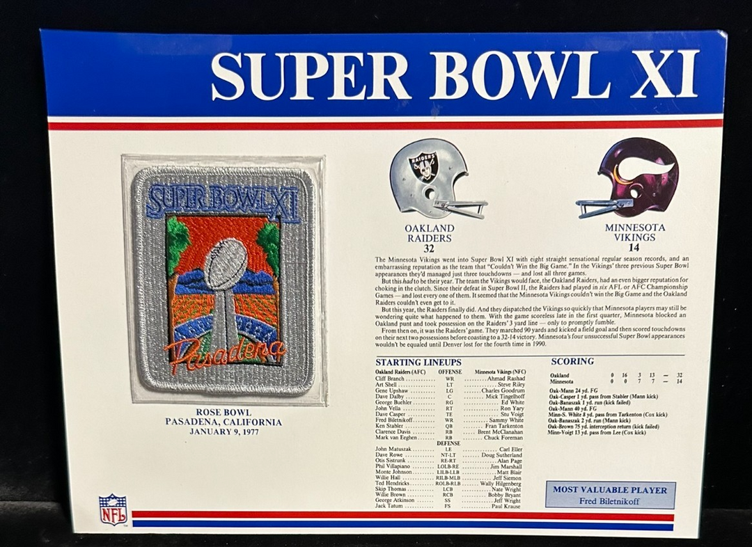 NFL Super Bowl Patch Willabee & Ward Collection SB XI Raiders Vs Vikings