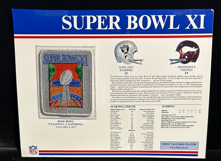 NFL Super Bowl Patch Willabee & Ward Collection SB XI Raiders Vs Vikings