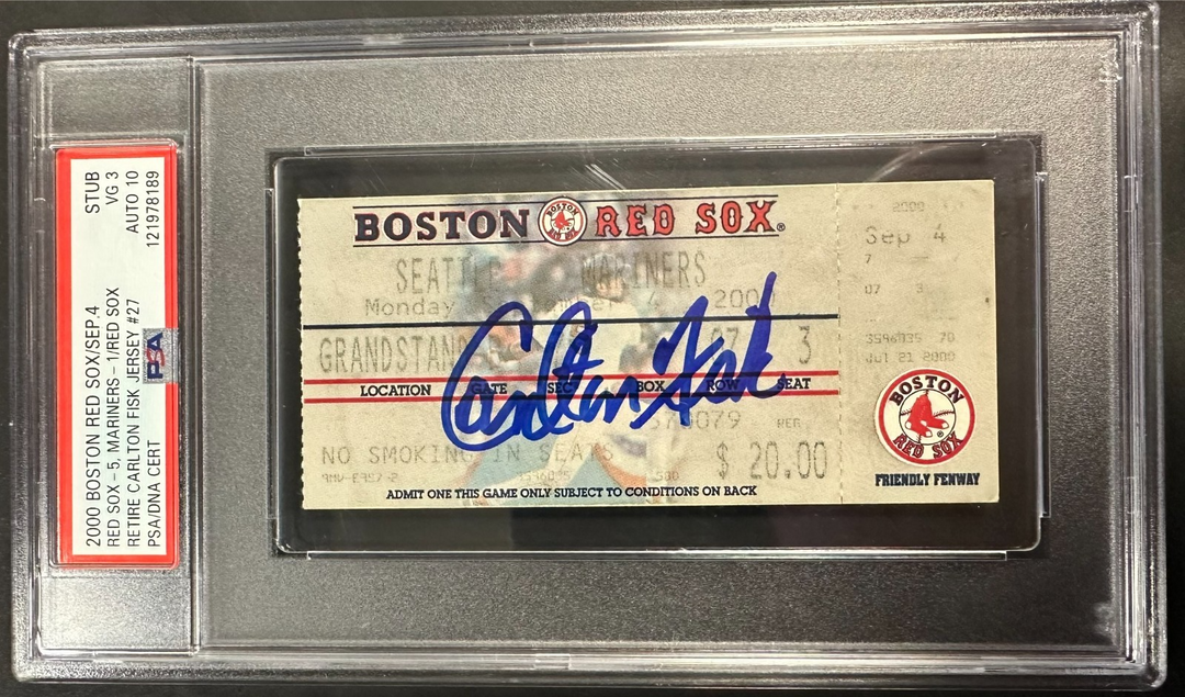 2000 Carlton Fisk Signed Red Sox Jersey Retirement Full Ticket PSA 3 10 Auto